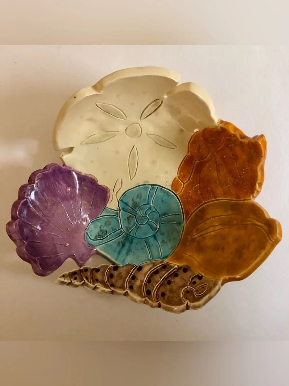Handmade Ceramic Seashell Accent Dish - Multicolor. Signed